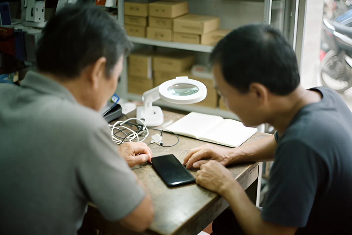 Hai người đàn ông ngồi đối diện nhau bên chiếc bàn gỗ, cùng cúi nhìn chiếc điện thoại đen đặt trên bàn, cạnh có đèn kính lúp