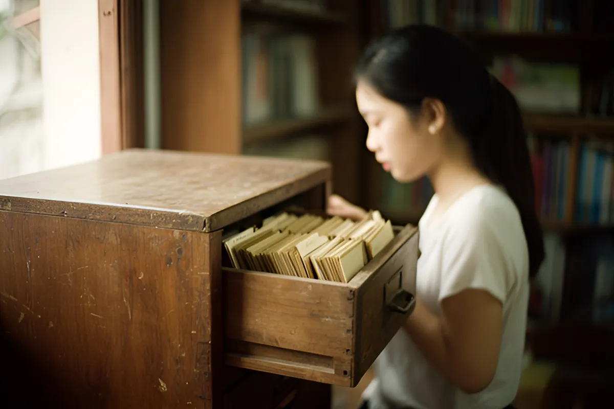 Một phụ nữ trẻ mặc áo trắng đứng nghiêng bên tủ gỗ có ngăn kéo mở chứa thẻ giấy, ánh sáng ấm, kệ sách mờ phía sau