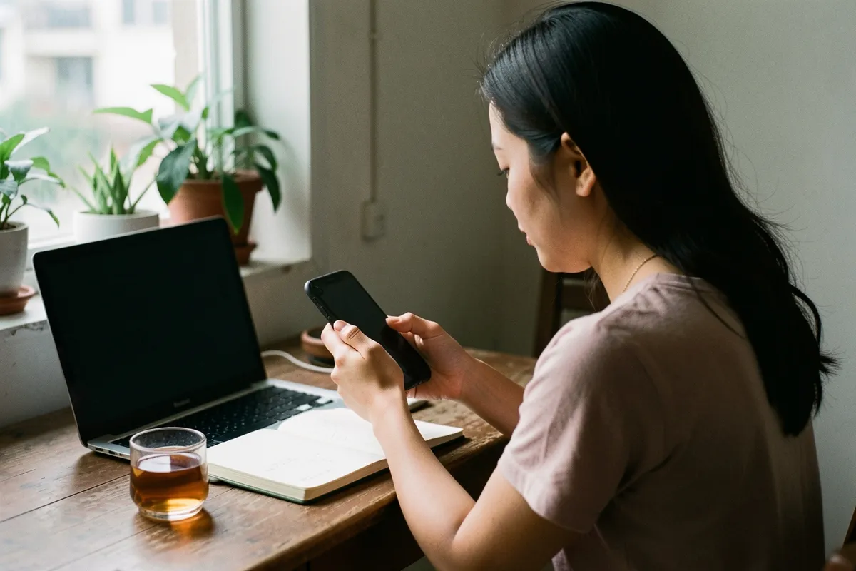 Một phụ nữ tóc đen ngồi bên bàn gỗ, cầm điện thoại bằng hai tay, trước mặt có laptop, sổ và ly trà, ánh sáng cửa sổ chiếu vào
