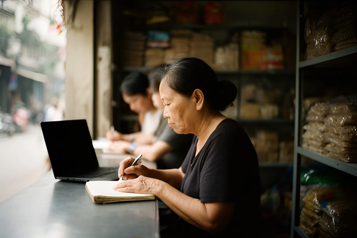 Một người phụ nữ mặc áo đen ngồi bên quầy, tay cầm bút viết vào cuốn sổ, phía sau là kệ hàng và ánh sáng từ cửa mở