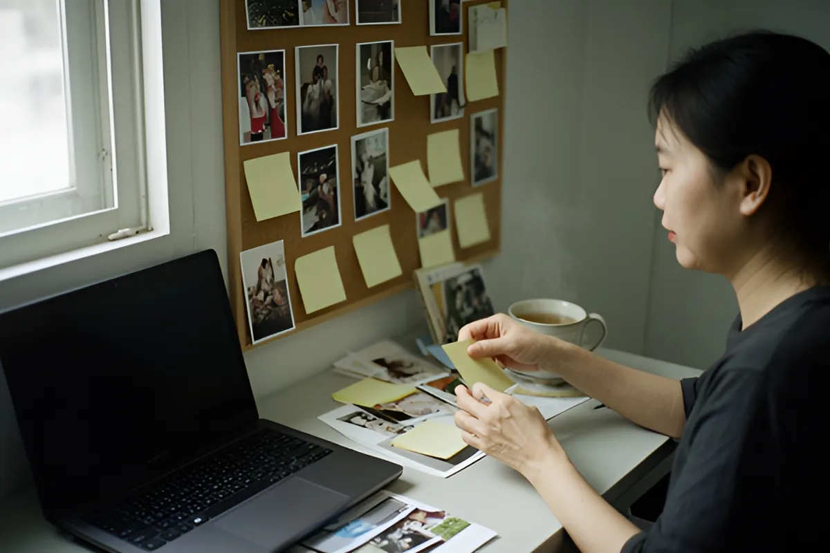 Một phụ nữ mặc áo tối màu ngồi bên bàn, tay cầm giấy ghi chú vàng, sau là bảng nỉ dán ảnh, ánh sáng dịu từ cửa sổ