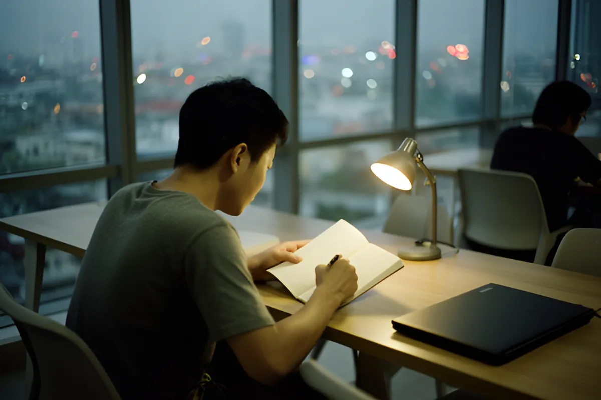 Một người đàn ông trẻ ngồi quay lưng viết vào sổ giấy trên bàn, bên cạnh có đèn bàn sáng ấm và một laptop đóng
