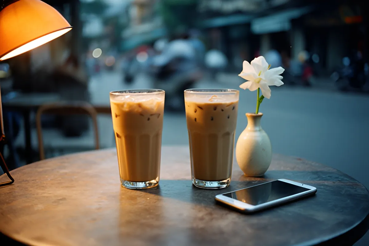 Hai ly cà phê sữa đá, một bình hoa trắng nhỏ và chiếc điện thoại đặt trên bàn tròn dưới ánh đèn ấm