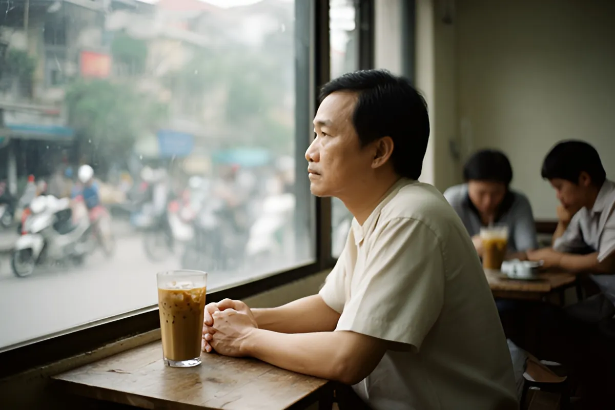 Một người đàn ông trung niên ngồi cạnh cửa kính quán cà phê, tay đan trên bàn bên ly nước nâu đá