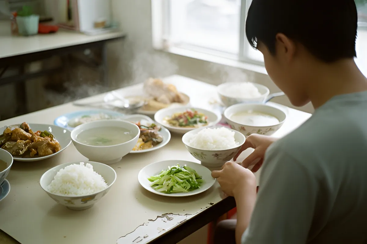 Một người đàn ông trẻ ngồi quay lưng bên bàn ăn bày nhiều bát cơm, bát canh và đĩa rau xanh, ánh sáng từ cửa sổ chiếu vào