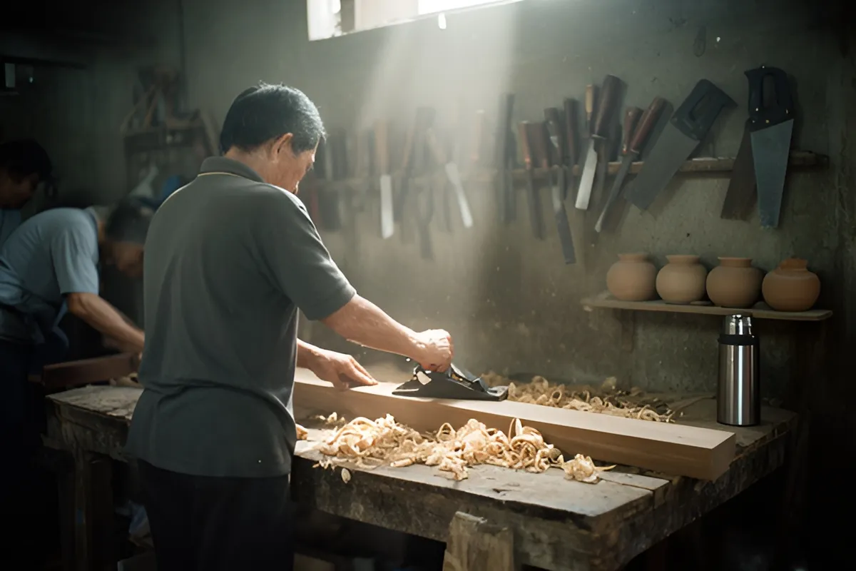 Một người thợ đứng cạnh bàn mộc, dùng bàn cào để bào một thanh gỗ dài, mùn cưa vương trên mặt bàn