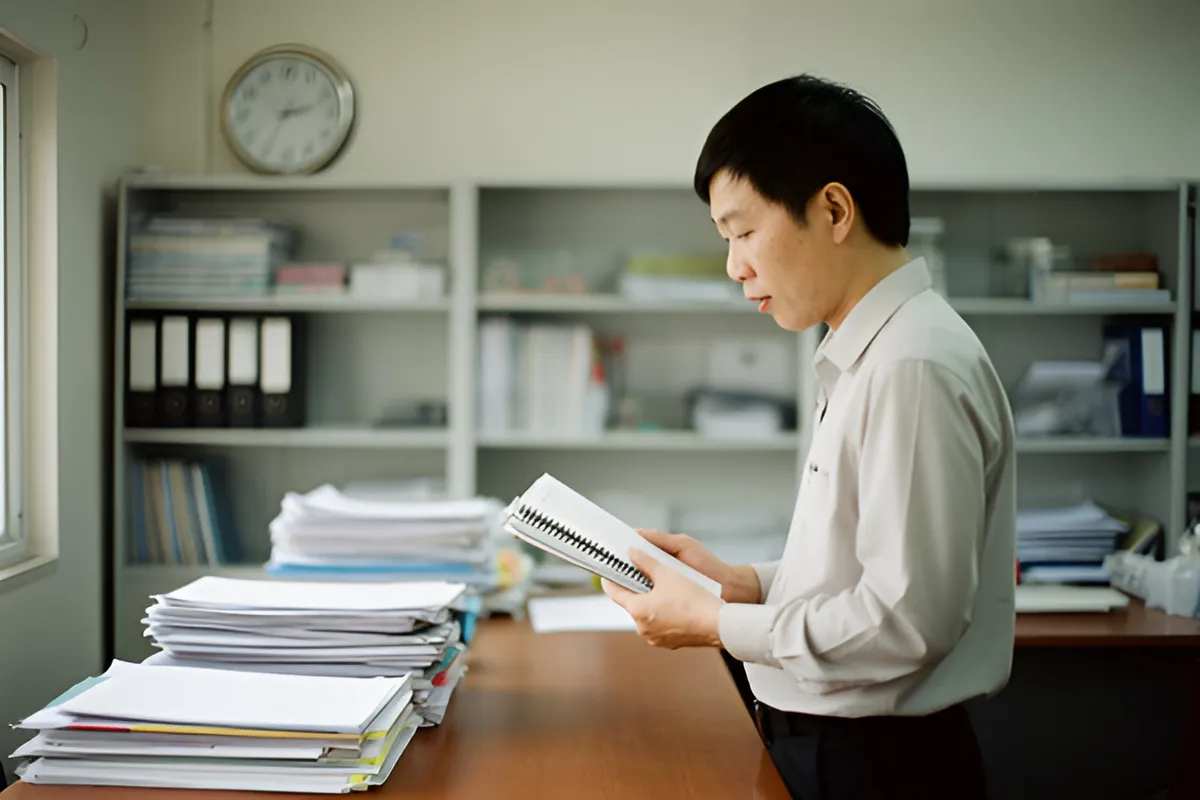 Một người đàn ông mặc sơ mi sáng đứng bên bàn gỗ, cầm tập giấy xoắn và cúi nhìn, xung quanh là chồng hồ sơ