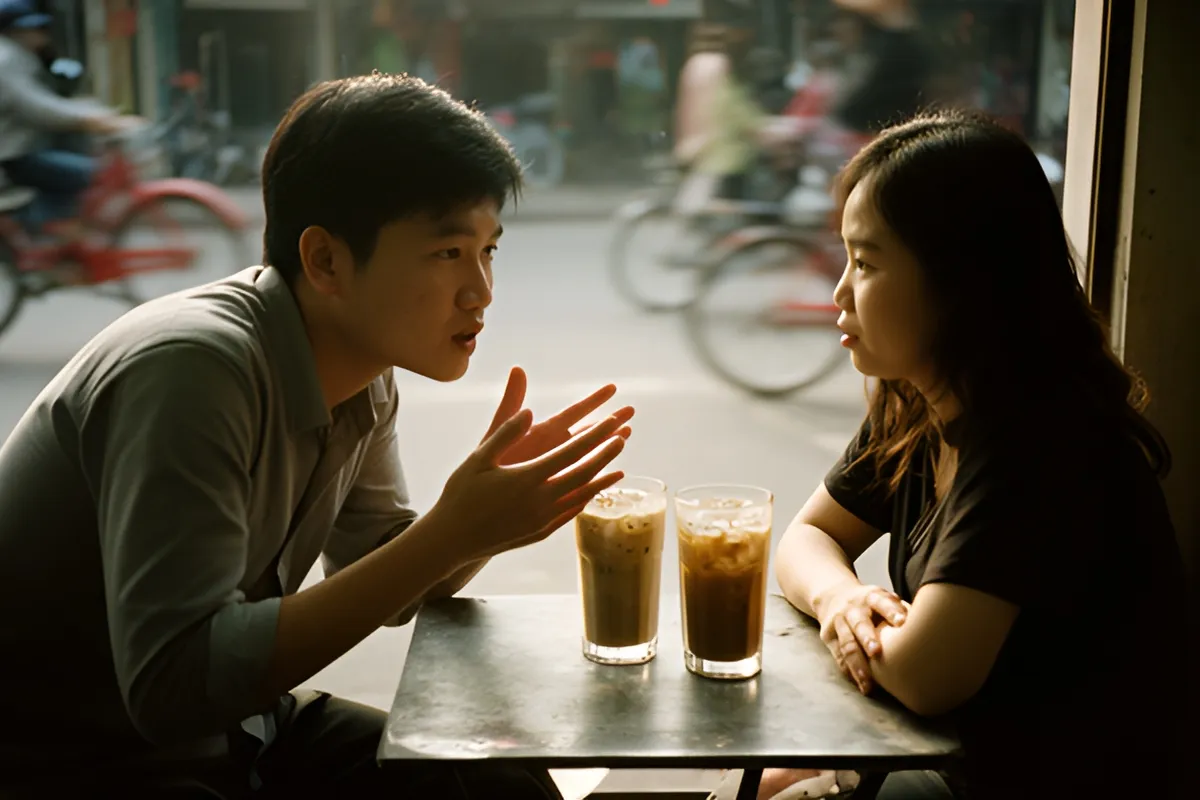 Một nam thanh niên và một nữ thanh niên ngồi đối diện bên bàn kim loại nhỏ với hai ly cà phê sữa đá