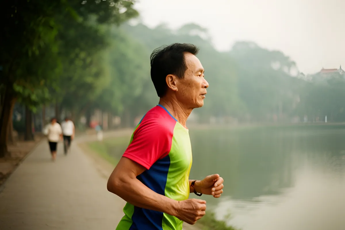 Một người đàn ông trung niên mặc áo thể thao nhiều màu đang chạy bộ bên hồ