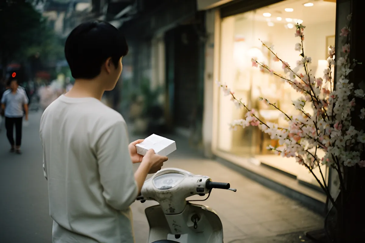 Một người đàn ông áo trắng đứng quay lưng bên xe máy, hai tay cầm hộp quà nhỏ, nhìn về cửa hàng sáng đèn có cành hoa đào