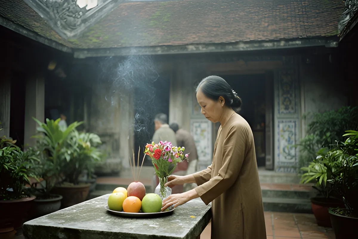 Một phụ nữ lớn tuổi trong áo dài màu nâu đang đặt bình hoa và khay trái cây lên bàn đá trong sân chùa, khói nhang bay nhẹ