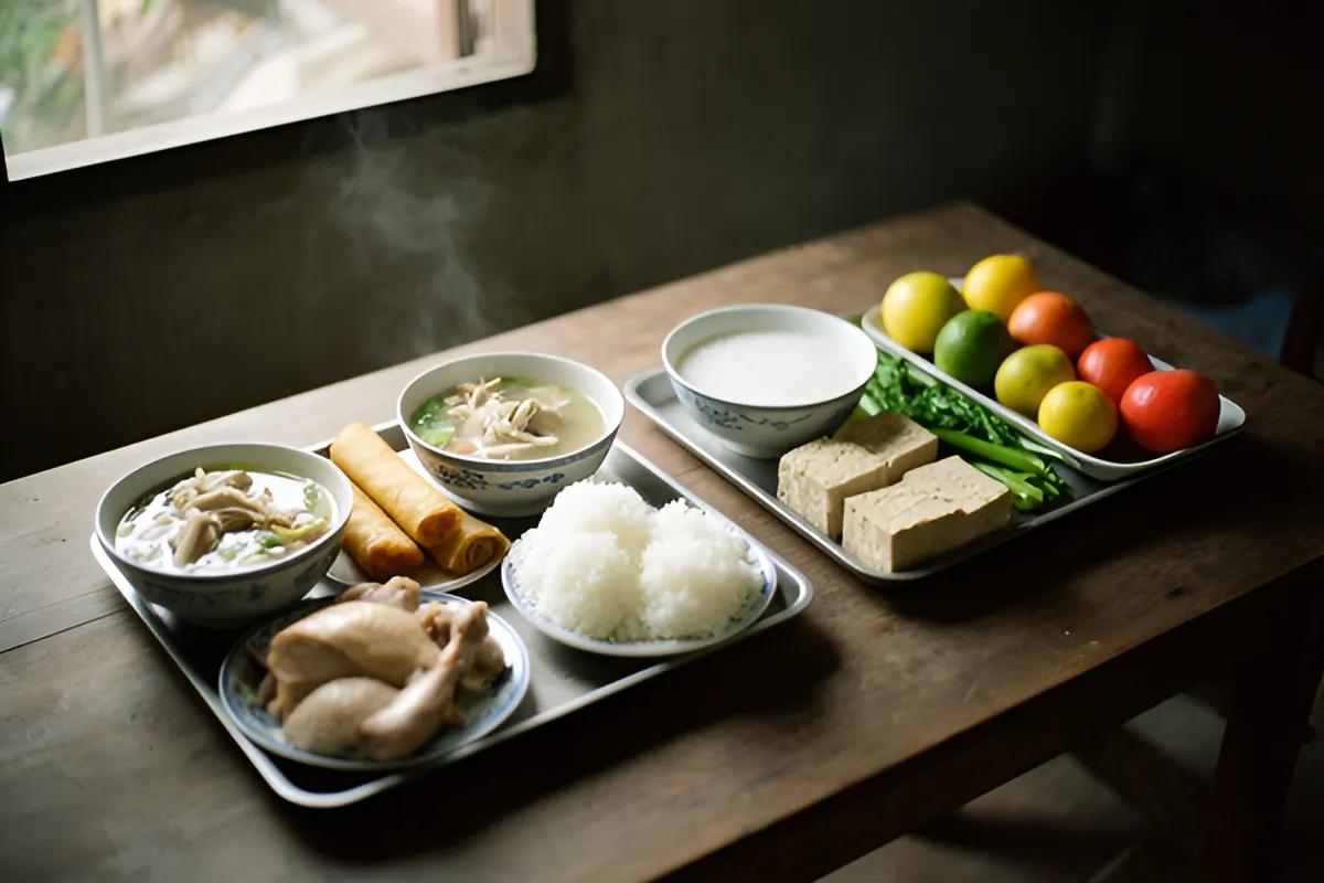 Bàn gỗ trong bếp có hai khay thức ăn: khay mặn với cơm, canh, nem rán và thịt gà luộc, khay chay với cháo, đậu phụ