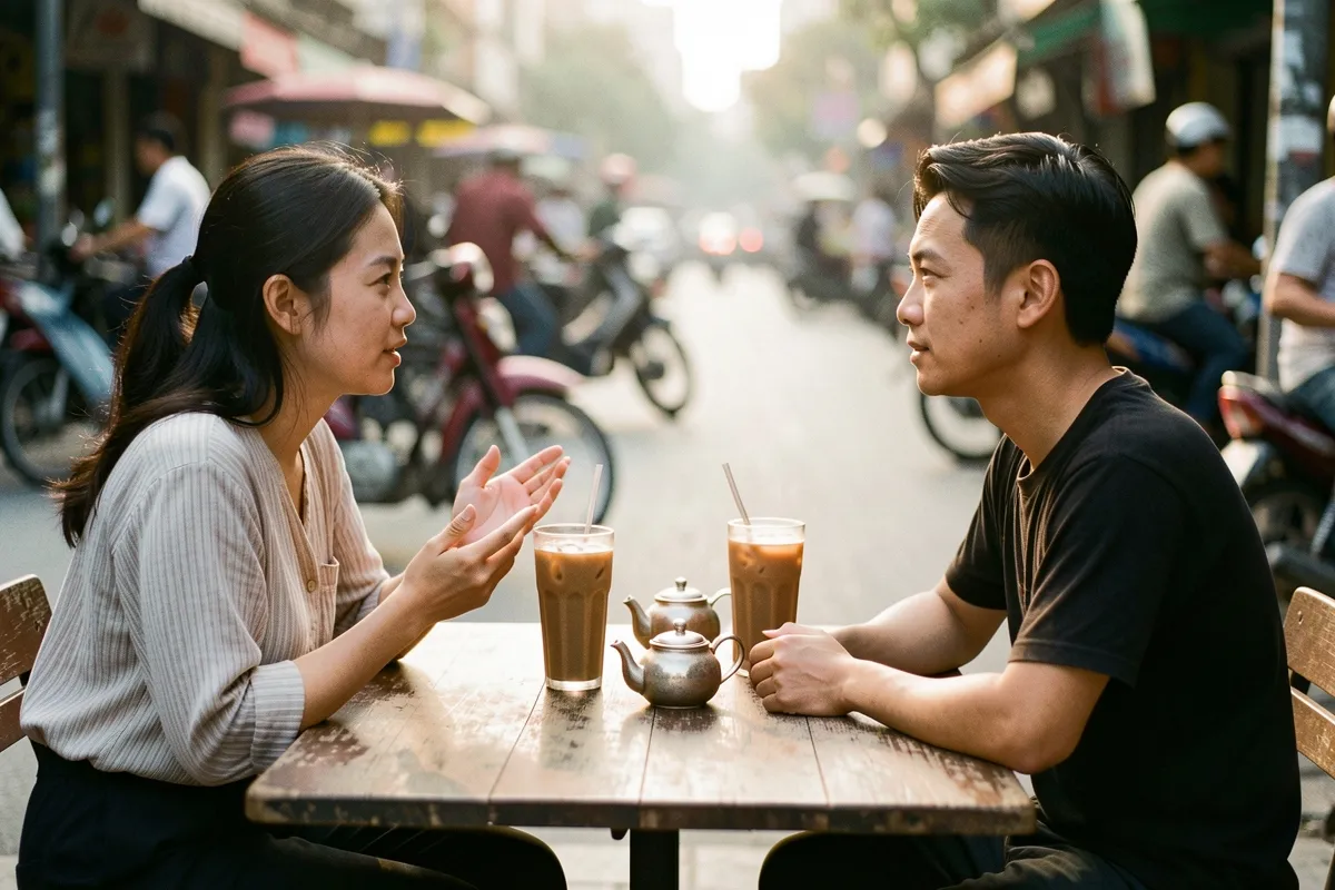 Một nam thanh niên và một nữ thanh niên ngồi đối diện trò chuyện bên bàn gỗ nhỏ