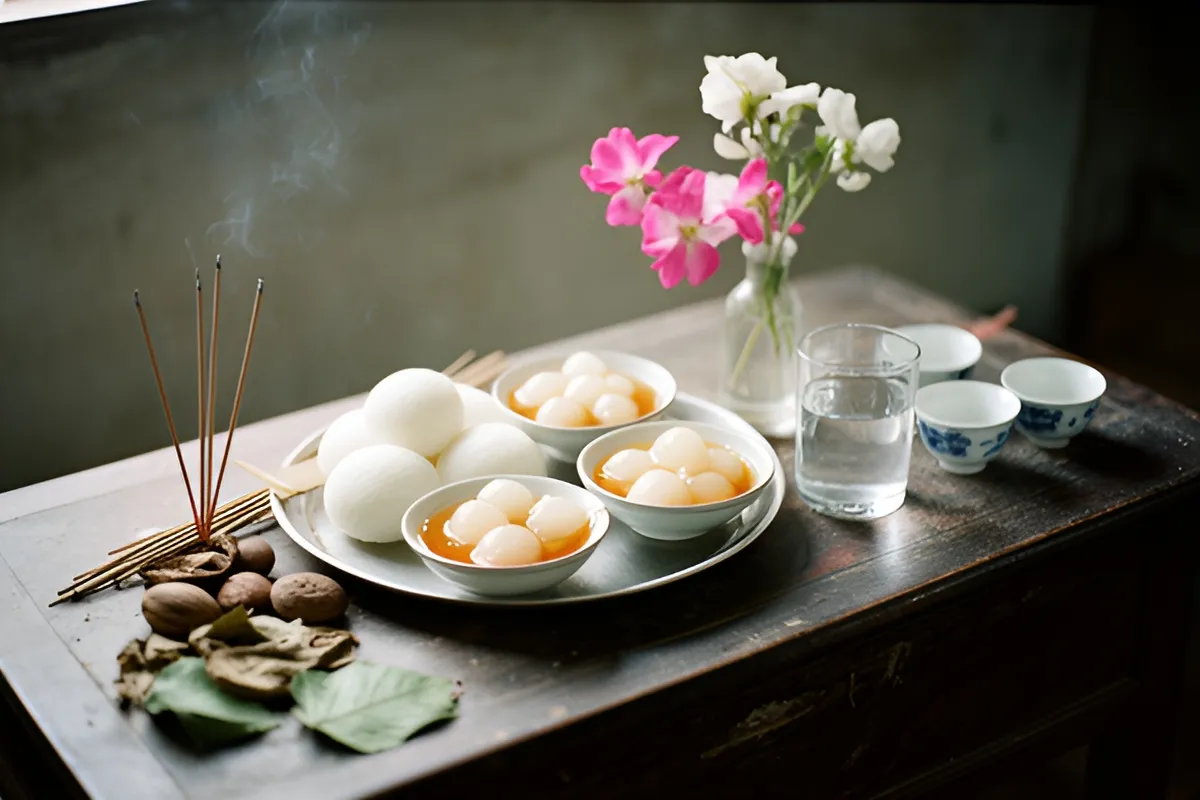 Mâm lễ vật trên bàn thờ gỗ: đĩa bánh trắng, ba bát chè trôi nước, bình hoa hồng trắng, ly nước, chén men xanh