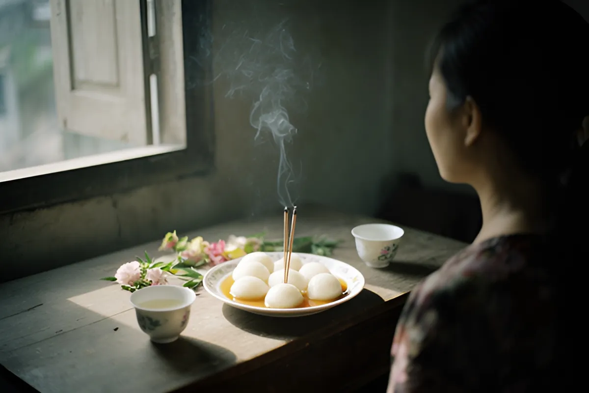 Một người phụ nữ ngồi quay lưng trước chiếc bàn gỗ có đĩa bánh trôi trắng, hai chén trà, hoa tươi và nhang đang tỏa khói