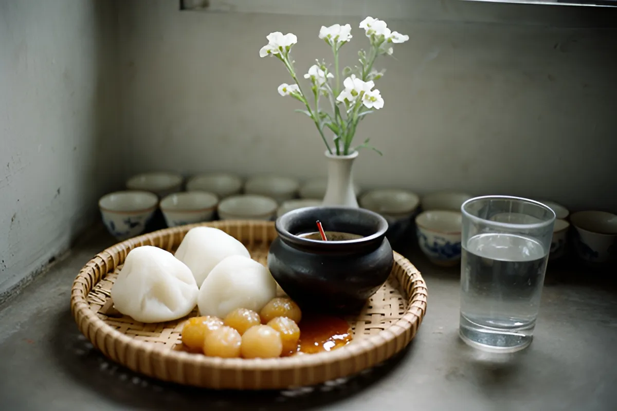 Bàn thờ nhỏ trong góc phòng, có mâm tre đựng bánh bao và viên đường, bát nhang, bình hoa trắng, hàng chén và ly nước