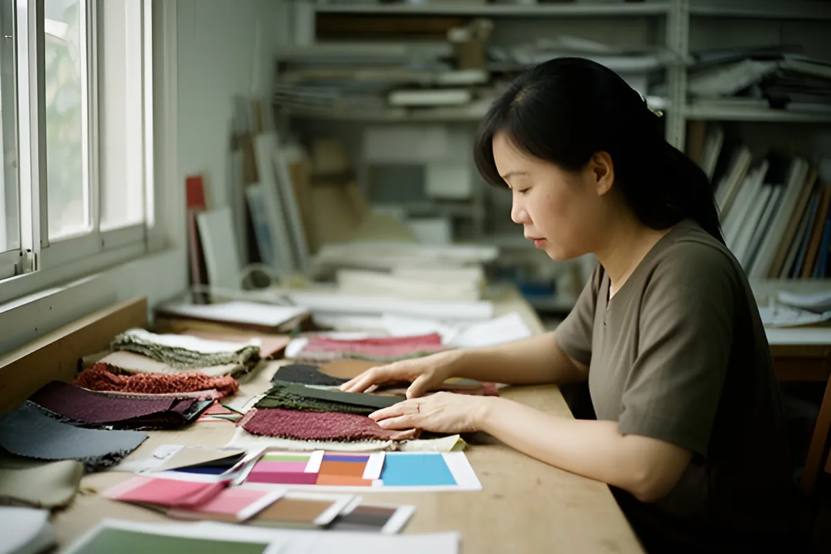 Một phụ nữ ngồi nghiêng bên bàn gỗ, tay chạm vào các mẩu vải và bảng màu xếp trên bàn, phòng sáng cửa sổ, kệ sau mờ