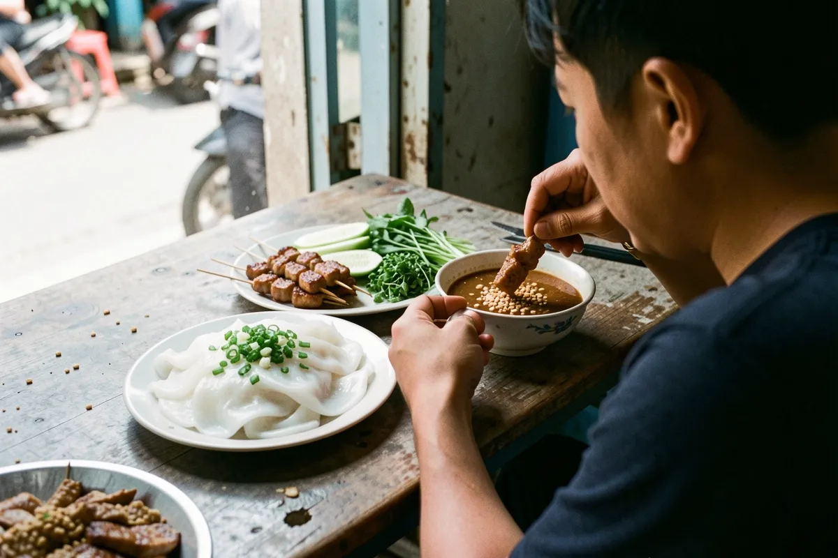 Một người ngồi sau bàn gỗ chấm xiên thịt vào bát nước, đĩa bánh trắng rắc hành, rau dưa, sáng từ cửa, xa có người mờ