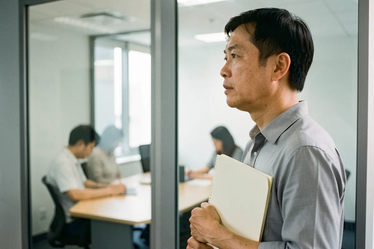 Một người đàn ông mặc áo xám đứng cạnh cửa kính, ôm cuốn sổ trước ngực, phía sau là người ngồi quanh bàn, ánh sáng dịu