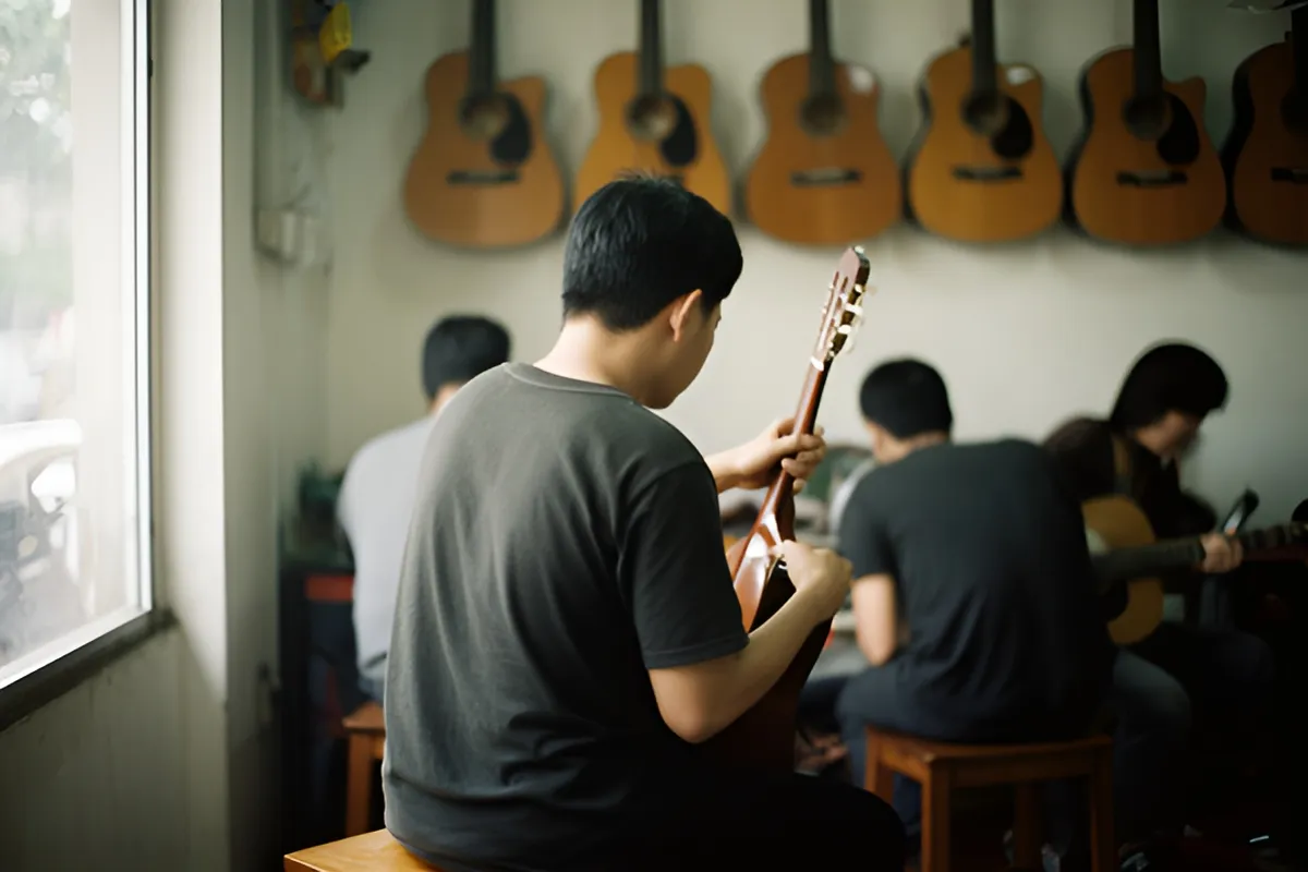 Một nam thanh niên ngồi trên ghế đẩu trong cửa hàng đàn guitar, cầm cây đàn dựng đứng để xem