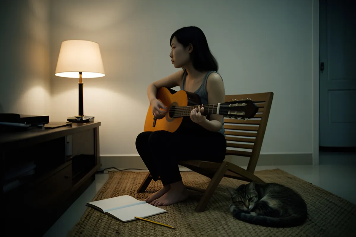 Một phụ nữ trẻ ngồi trên ghế gỗ thấp trong phòng khách tối, ôm đàn guitar, bên cạnh có sổ và bút chì trên sàn