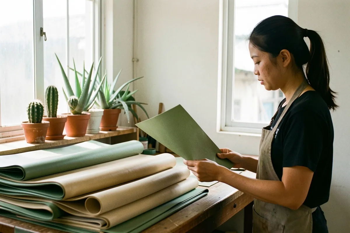 Một phụ nữ trẻ mặc tạp dề đứng bên bàn gỗ, cầm tấm vật liệu xanh lá, phía sau là kệ chậu xương rồng và cửa sổ sáng