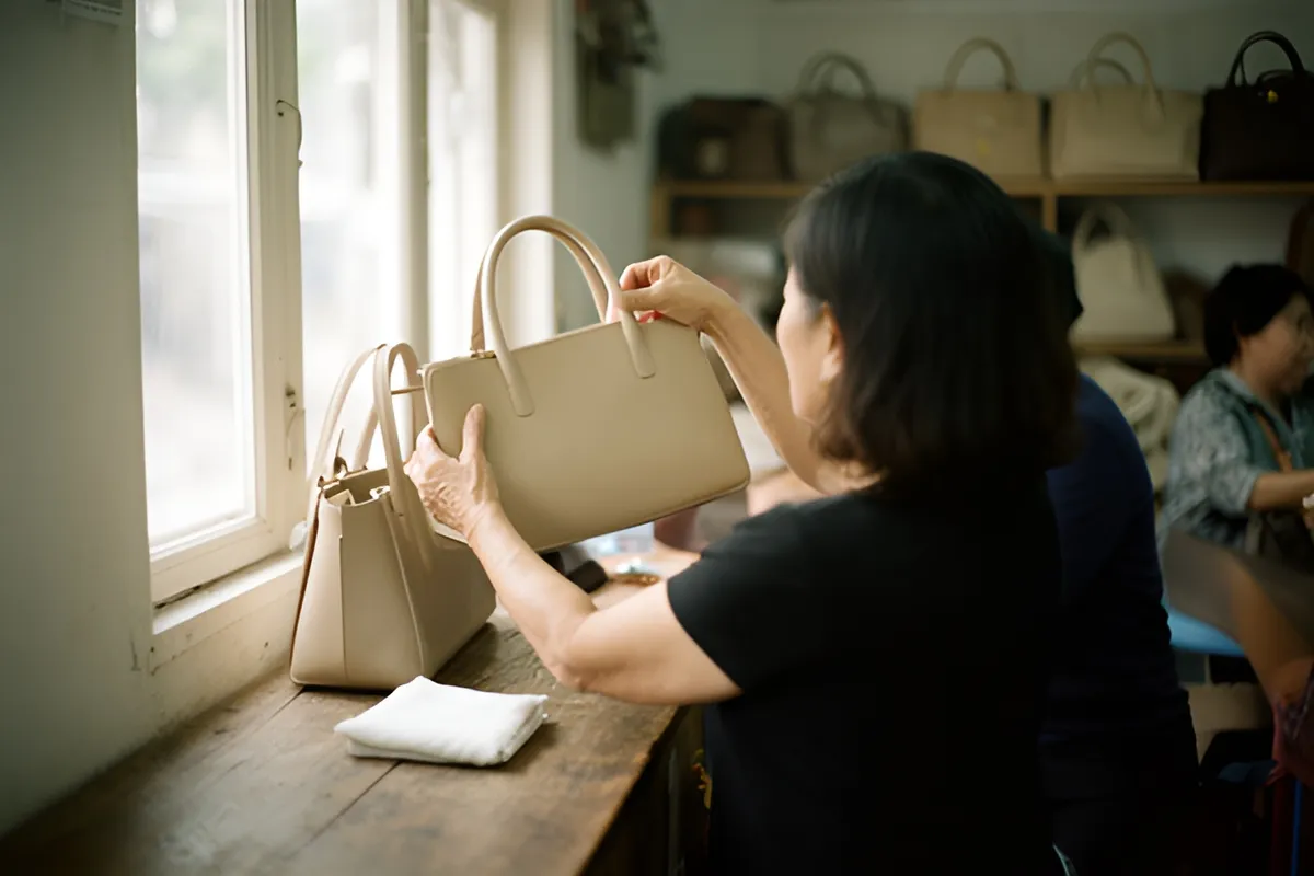 Người phụ nữ tóc đen quay lưng đứng trước bàn gỗ, giơ túi be lên gần cửa sổ sáng, bên cạnh có khăn trắng gấp