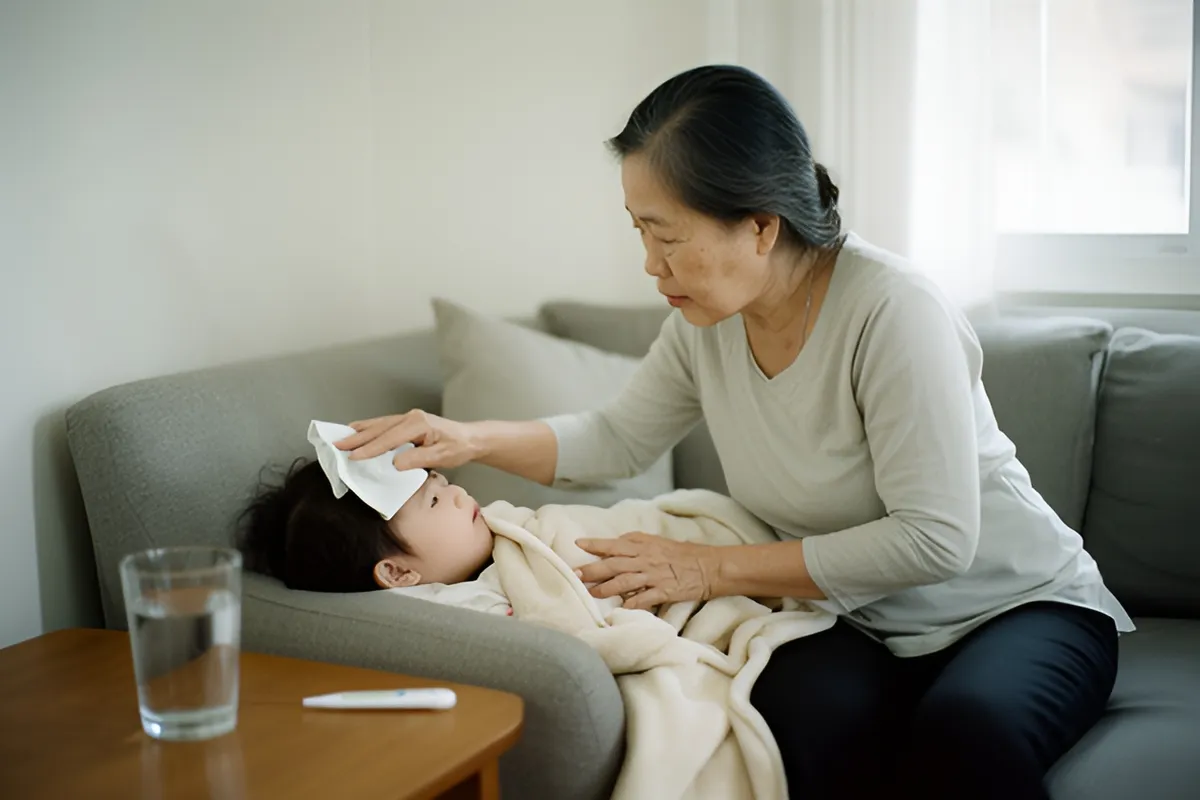 Một người phụ nữ lớn tuổi đặt khăn lên trán cho một đứa trẻ nằm đắp chăn trên ghế sofa