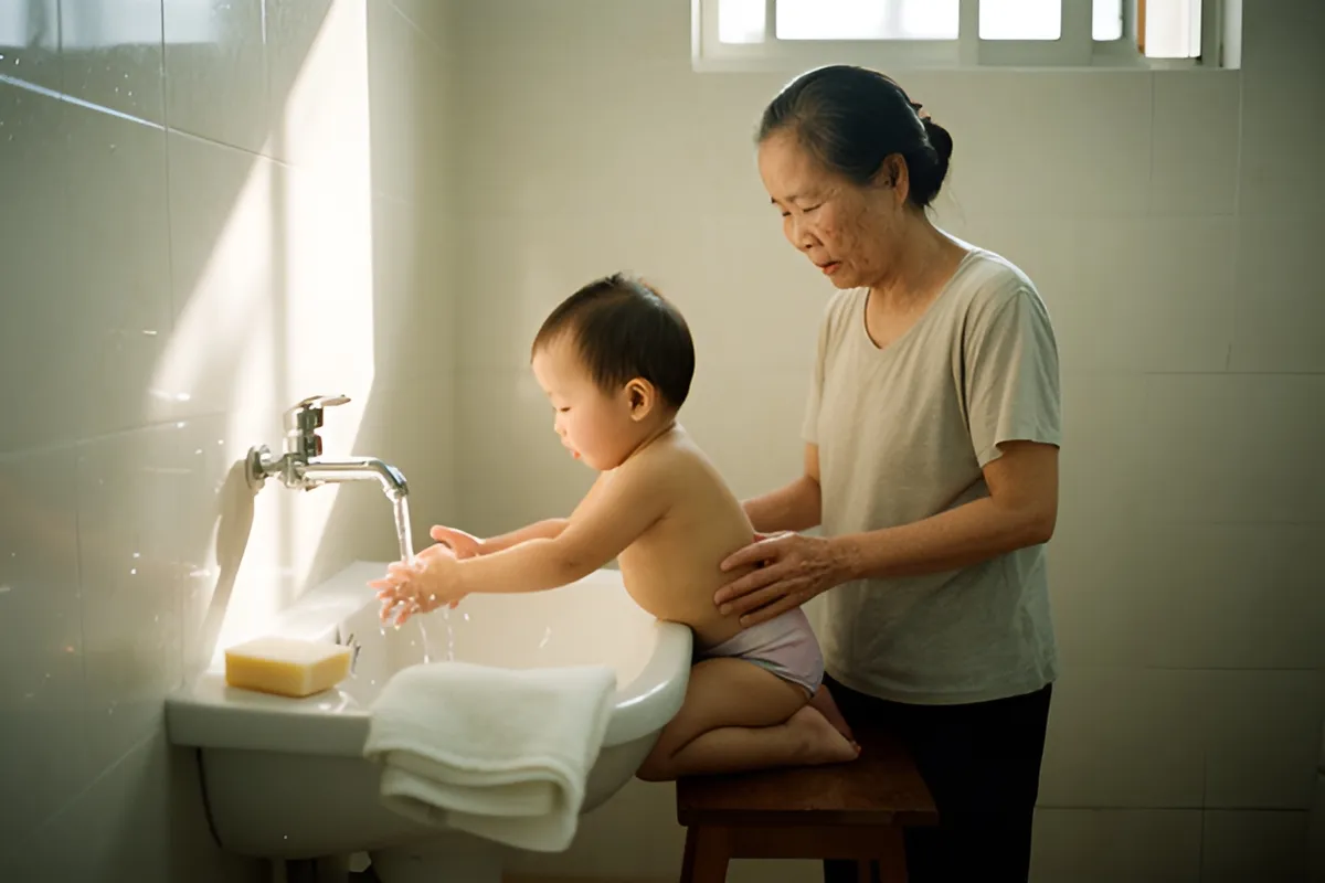 Một người lớn đứng sau đỡ một em nhỏ quỳ trên ghế gỗ bên bồn rửa, tay với dưới dòng nước, cạnh có xà phòng và khăn trắng