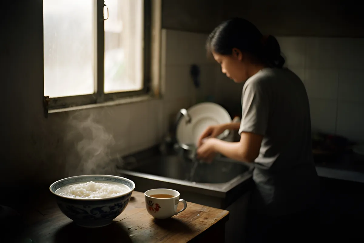 Một phụ nữ đứng rửa bát bên bồn rửa trong bếp, trên bàn gỗ có bát cháo bốc khói và một tách trà, ánh sáng chiều mờ qua cửa sổ