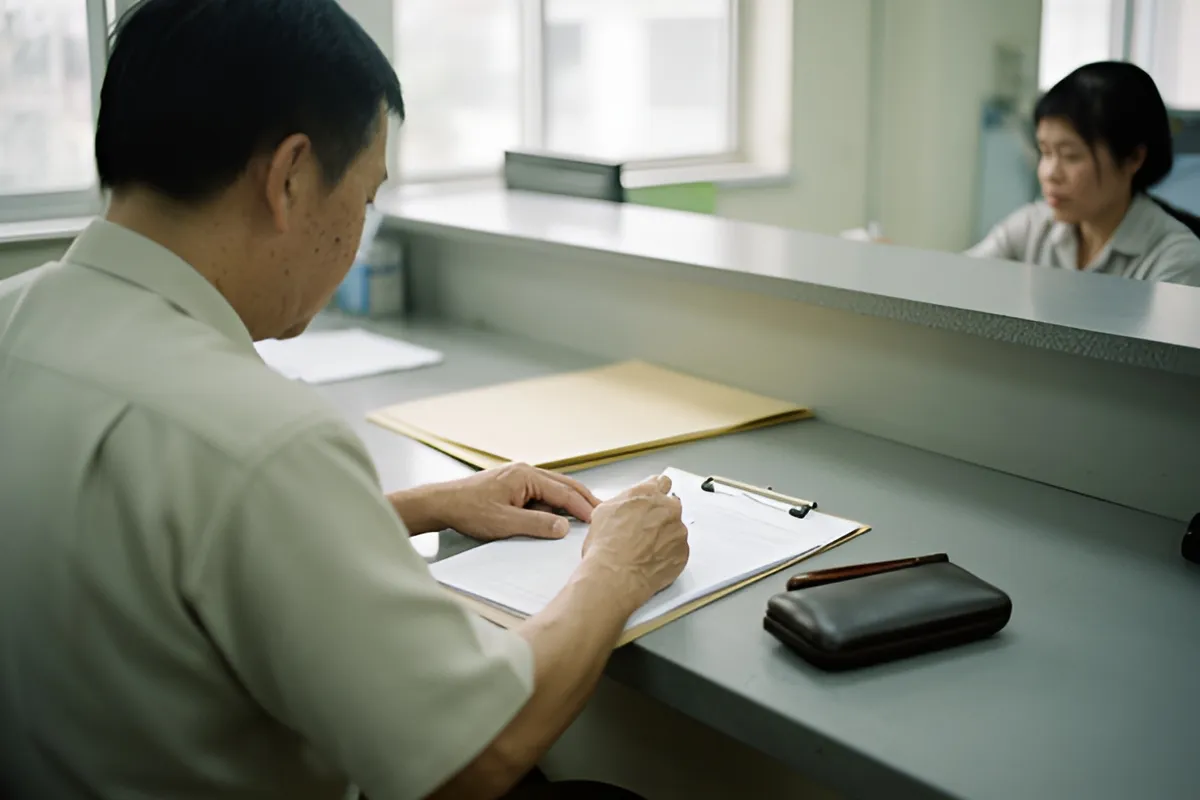 Một người đàn ông ngồi viết trên bảng kẹp giấy tại quầy, phía sau là một nhân viên nữ, trên bàn có hồ sơ và hộp bút