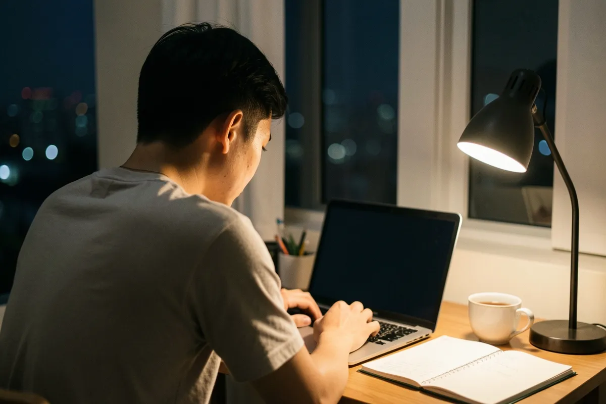 Một người đàn ông trẻ ngồi quay lưng trước bàn, tay trên laptop, bên cạnh có sổ mở, cốc trà và đèn bàn sáng