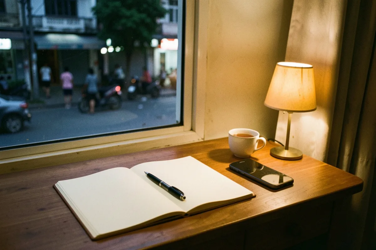 Bàn gỗ cạnh cửa sổ, trên có sổ mở, bút, điện thoại úp mặt, cốc nước và đèn bàn sáng; ngoài đường có người và xe máy mờ