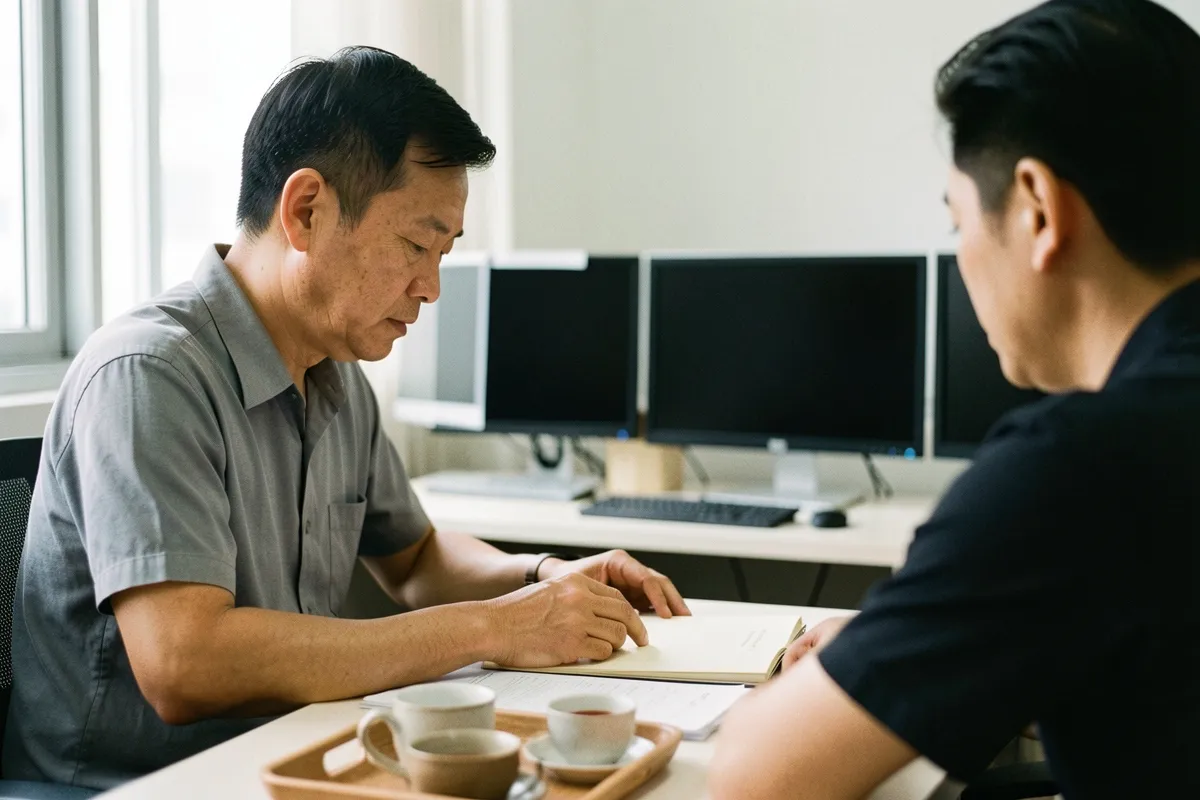 Hai người đàn ông ngồi đối diện nhau bên bàn, cùng nhìn xuống cuốn sổ giấy, khay trà đặt ở mép bàn, ánh sáng ngày dịu