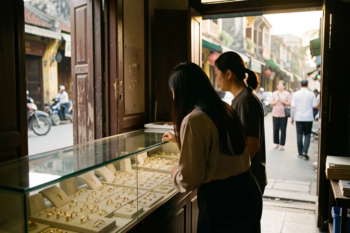 Hai người phụ nữ đứng trước tủ kính trưng bày nhẫn vàng, ngoài cửa là con phố có người đi bộ và xe máy dưới ánh chiều ấm