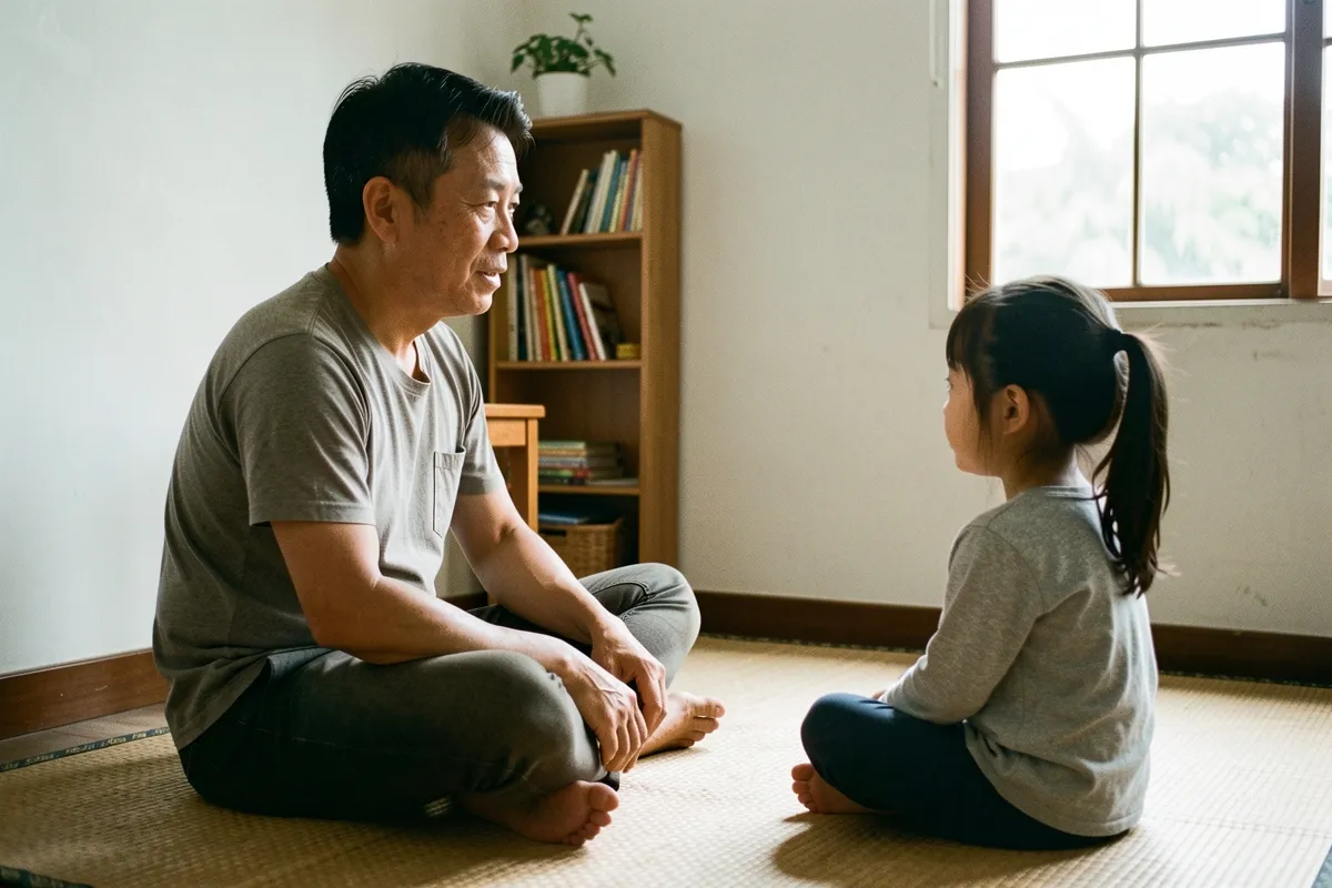 Một người đàn ông và một bé gái ngồi xếp bằng trên chiếu, nói chuyện trước kệ sách và cửa sổ có ánh sáng ban ngày