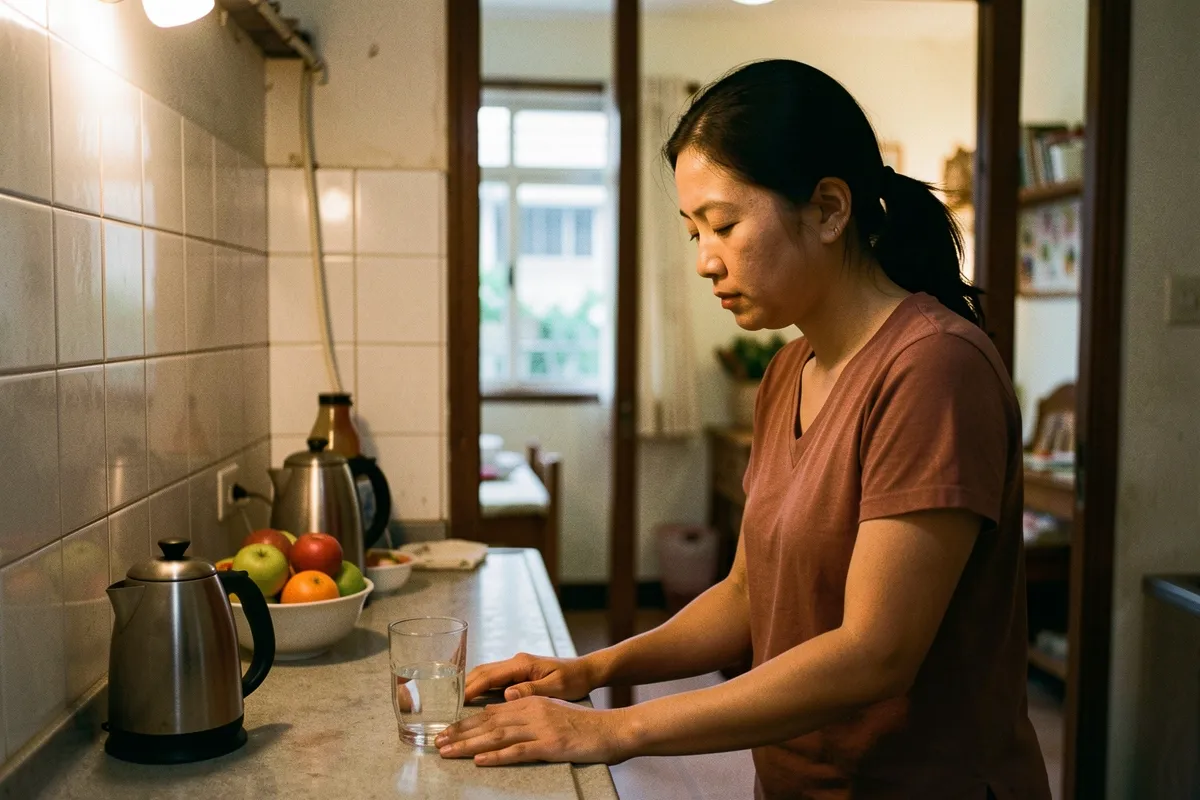 Một người phụ nữ trẻ đứng bên bàn bếp, hai tay đặt phẳng lên mặt bàn, nhìn xuống ly nước, ánh sáng ấm chiếu vào tường gạch