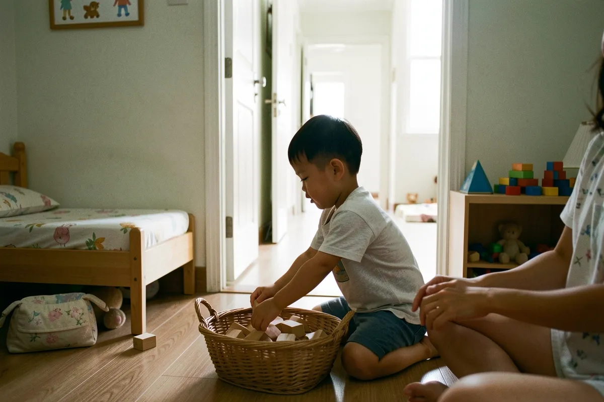 Một trẻ nhỏ ngồi sàn xếp khối gỗ vào giỏ, bên cạnh một người lớn, phòng có giường, kệ đồ chơi và cửa mở ra hành lang
