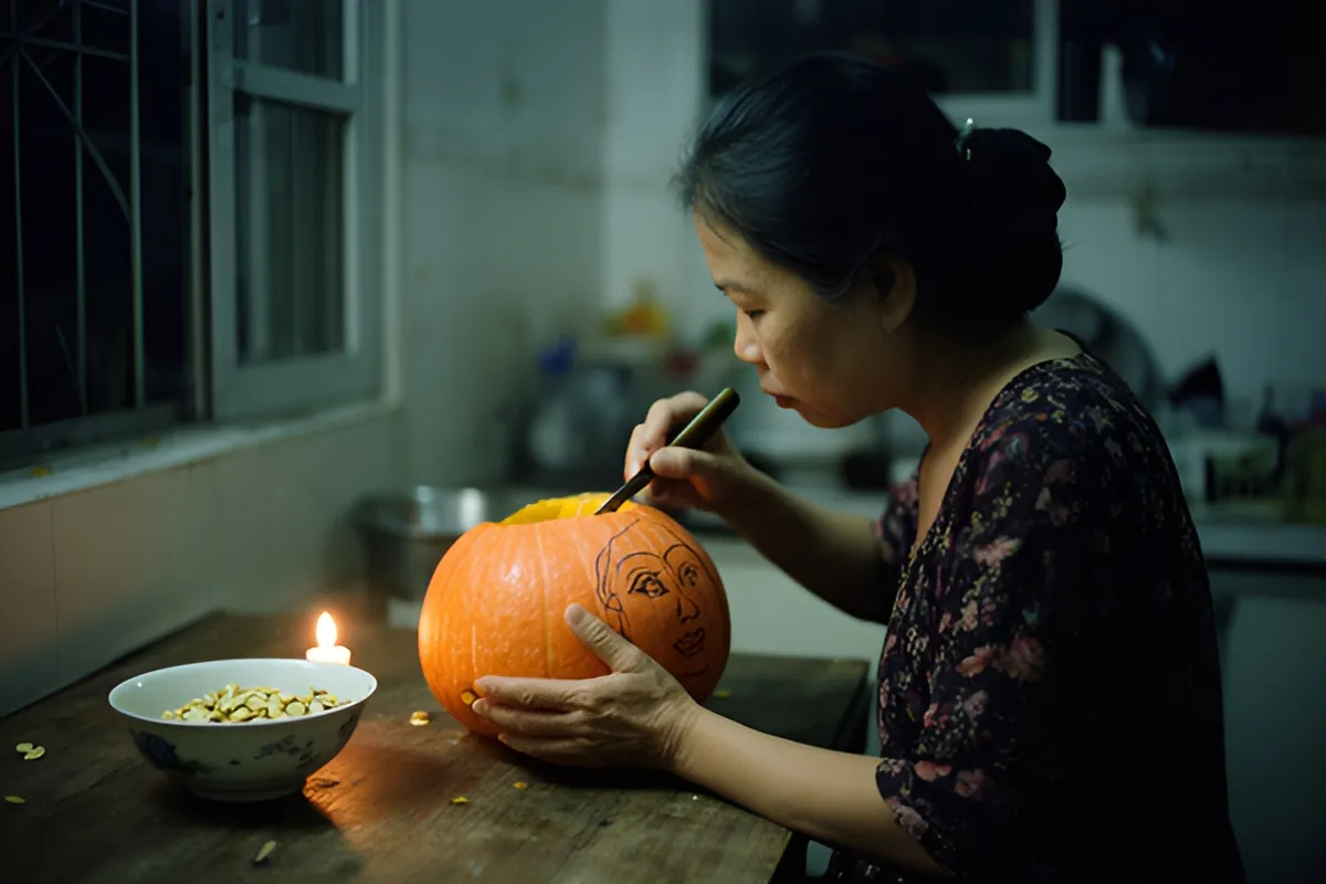 Một phụ nữ ngồi nghiêng bên bàn gỗ tối, cầm dao nhỏ chạm khắc lên quả bí cam có phác sẵn nét mặt