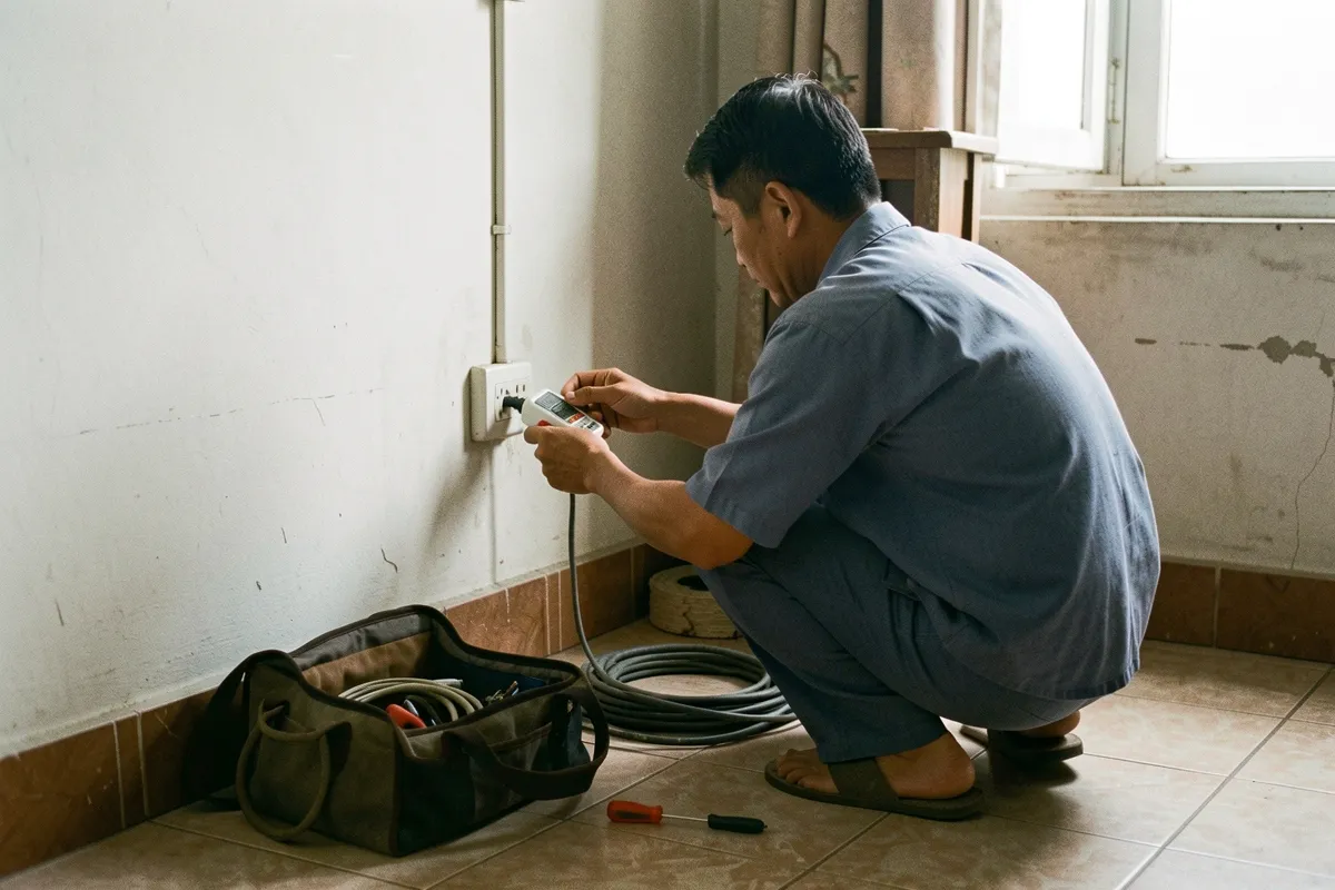 Một người đàn ông quỳ trên sàn gạch, cầm thiết bị đo kiểm tra ổ điện, bên cạnh có túi đồ nghề và cuộn dây, sáng từ cửa sổ