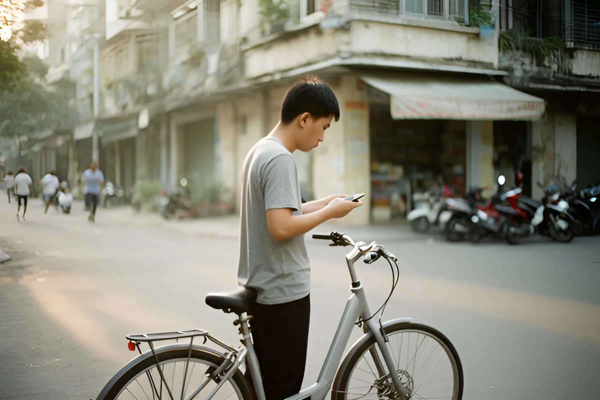 Một người đàn ông trẻ mặc áo xám đứng bên chiếc xe đạp màu bạc trên phố, cúi nhìn điện thoại trong tay, ánh chiều vàng