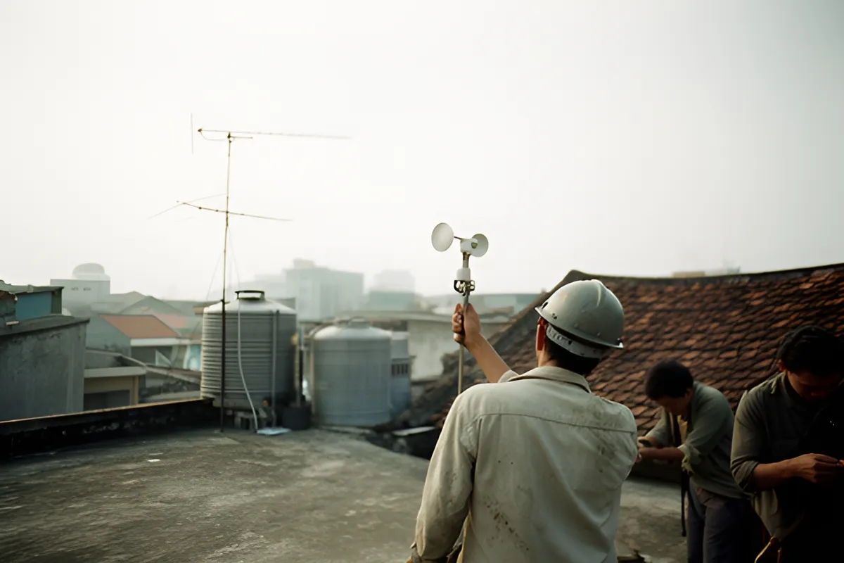 Ba người đàn ông trên mái bê tông, một người đội mũ cầm thiết bị đo gió lên trời, hai người cúi nhìn tay