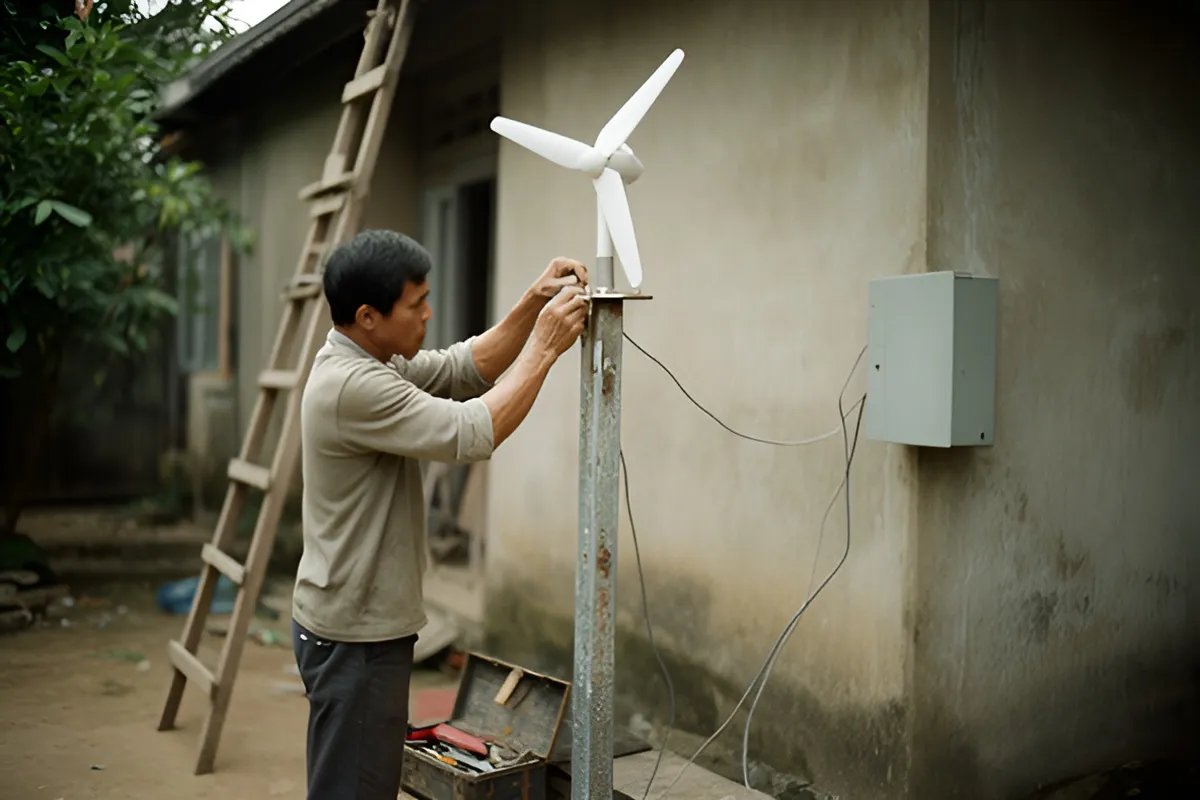 Một người đàn ông nghiêng người siết bulông tua-bin gió trắng nhỏ trên cột thép cạnh nhà, bên cạnh có thang và hộp đồ nghề mở