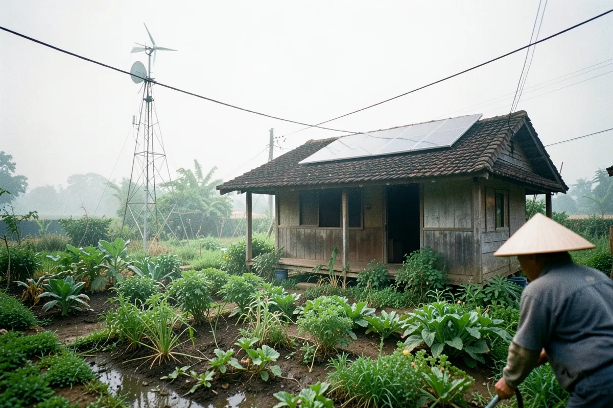 Người đàn ông đội nón lá quay lưng tưới rau, phía sau là nhà gỗ có pin mặt trời và cột tua-bin gió trong sương sớm