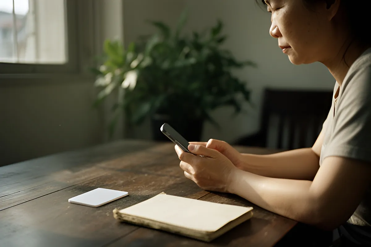 Một người phụ nữ ngồi bên bàn gỗ, hai tay cầm điện thoại, trên bàn có thẻ nhựa trắng và cuốn sổ đóng