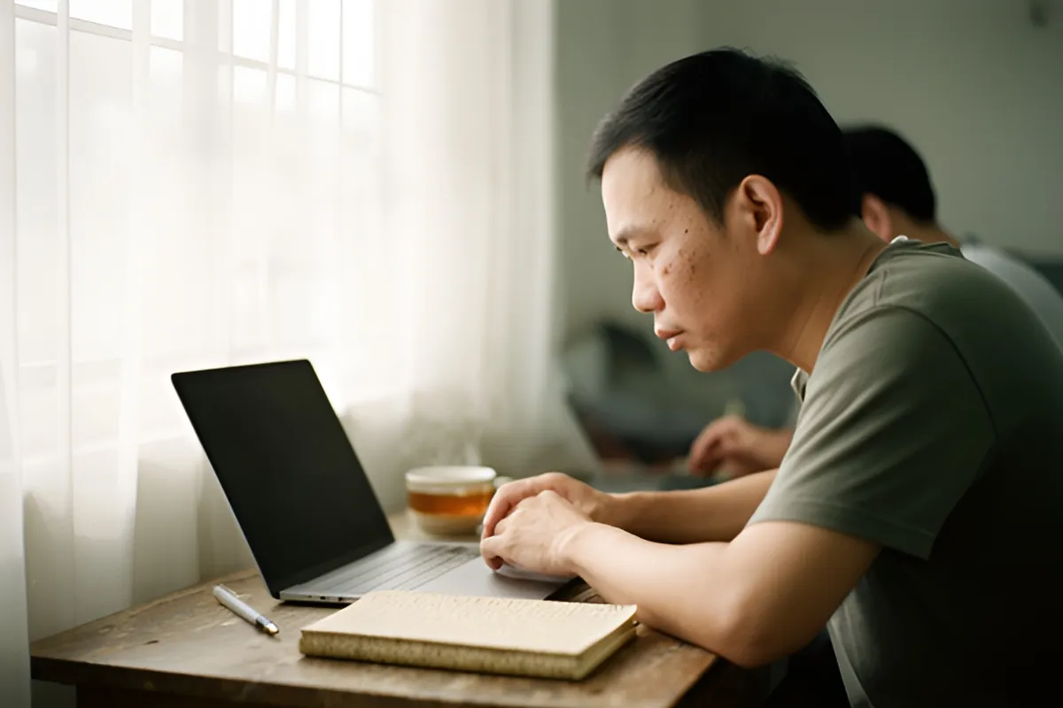 Người đàn ông ngồi nghiêng bên bàn, gõ laptop màn hình đen, sổ tay, bút, cốc; phía sau có hình mờ, ánh sáng từ cửa sổ