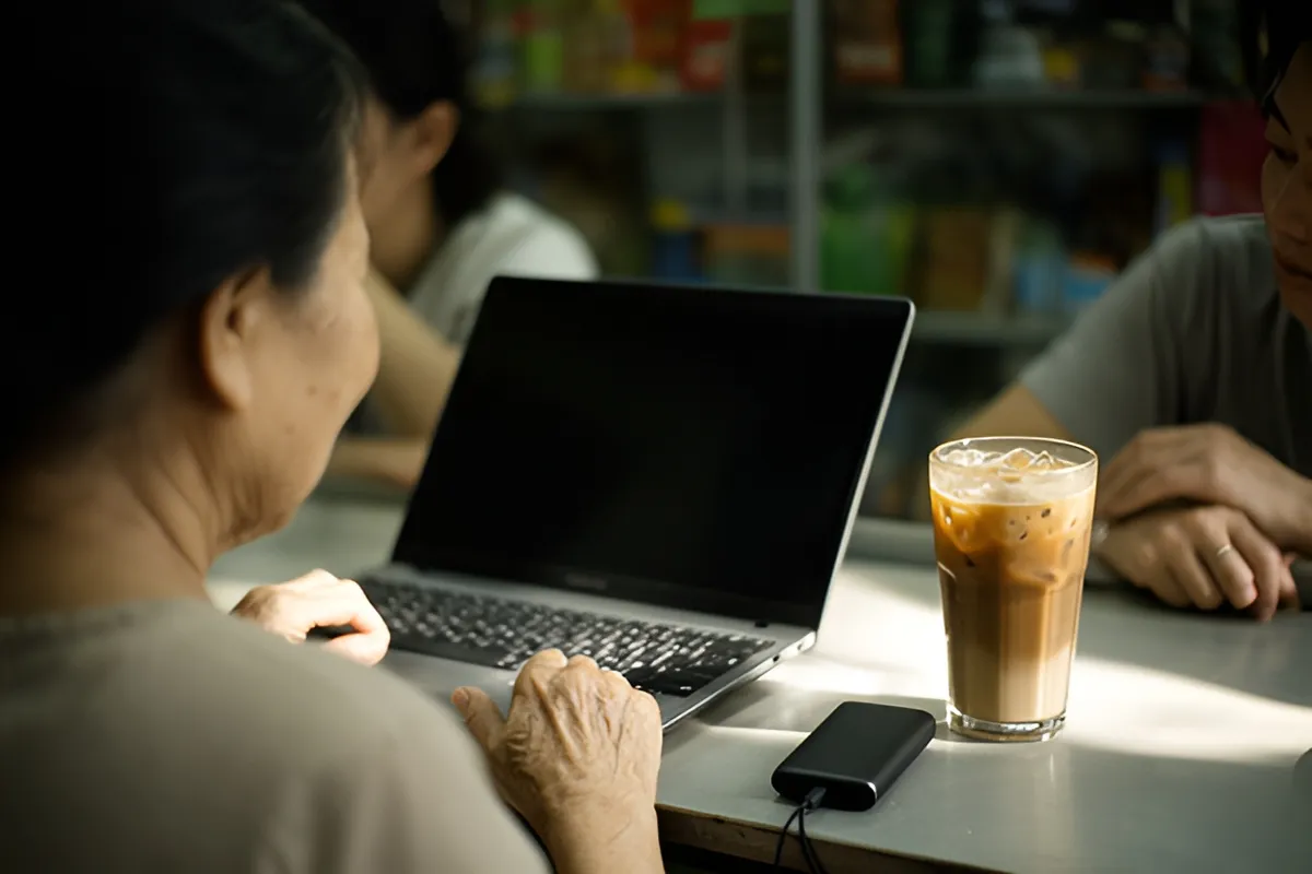 Người phụ nữ quay lưng ngồi trước bàn có laptop, ly cà phê đá và cục sạc, hai người khác ngồi gần, ánh sáng ấm, kệ hàng mờ