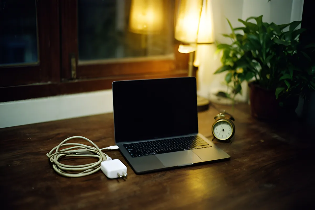 Một laptop mở màn hình tối trên bàn gỗ, kèm dây sạc cuộn, cục sạc trắng, đồng hồ tròn nhỏ và chậu cây, ánh đèn vàng ấm