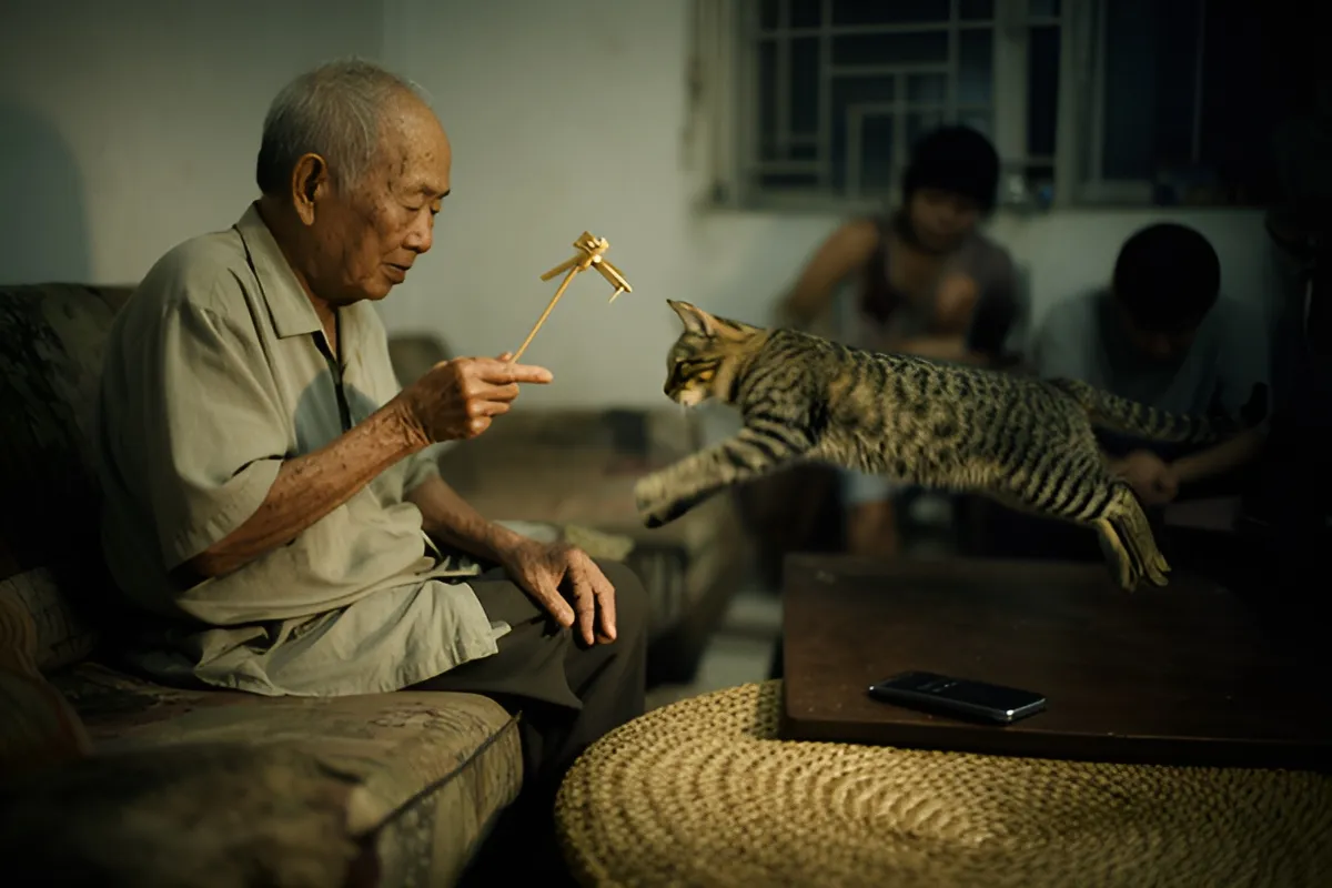 Một ông già ngồi trên ghế sofa cầm đồ chơi bằng que, con mèo vằn đang vồ giữa không trung, hai người ngồi mờ phía sau