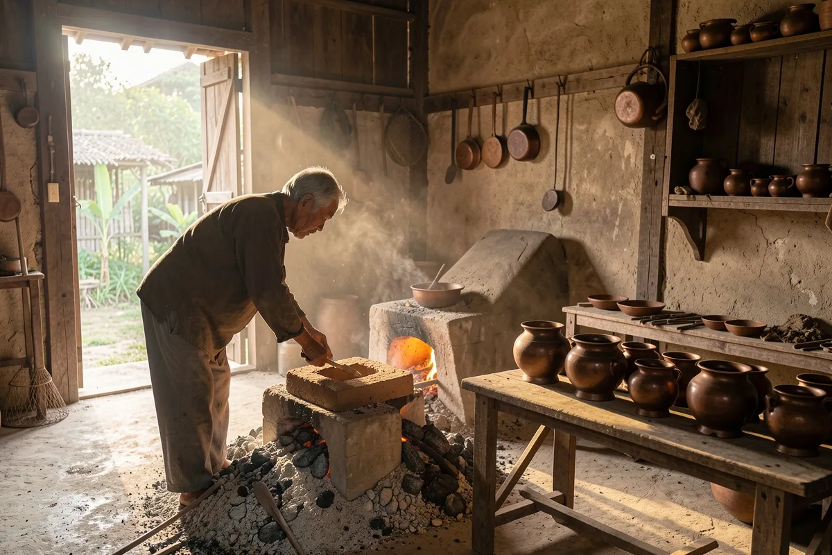 Người đàn ông lớn tuổi cúi bên lò than cháy, tay cầm que trên khuôn đất, gần bàn gỗ đặt nhiều bình đồng
